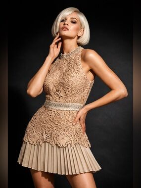 Tan pleated lace dainty cocktail mini dress